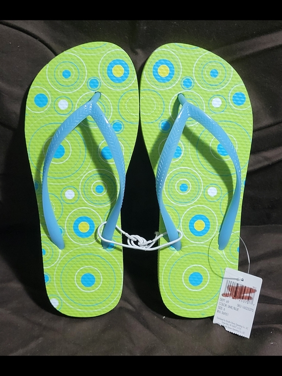 Envision Studio Shoes - Women’s Lime Green Flip Flop Sandals with Blue Straps